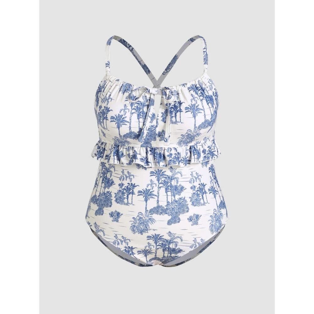 Cider Grandmillenial Toile Ruffle Swimsuit Blue White Plus 1X NWT Resort